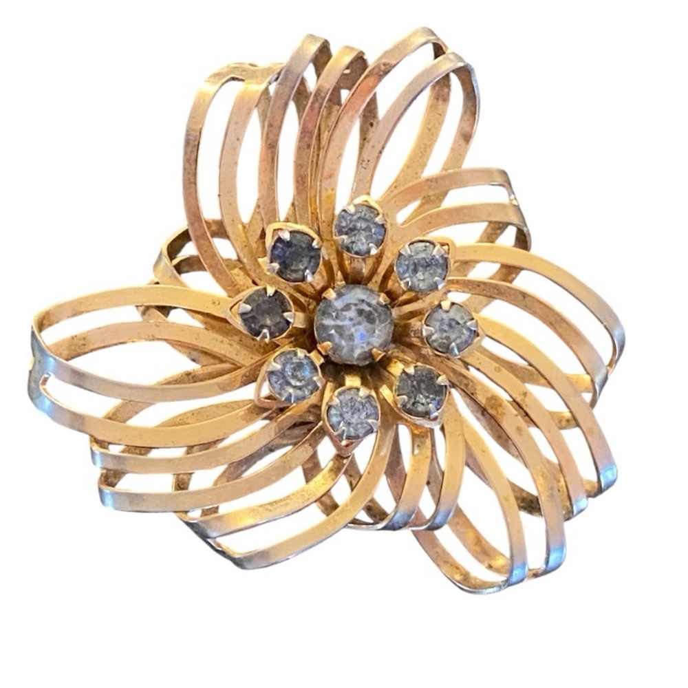 Vintage Gold Tone Rhinestone Flower Brooch Mid Century Retro Pin